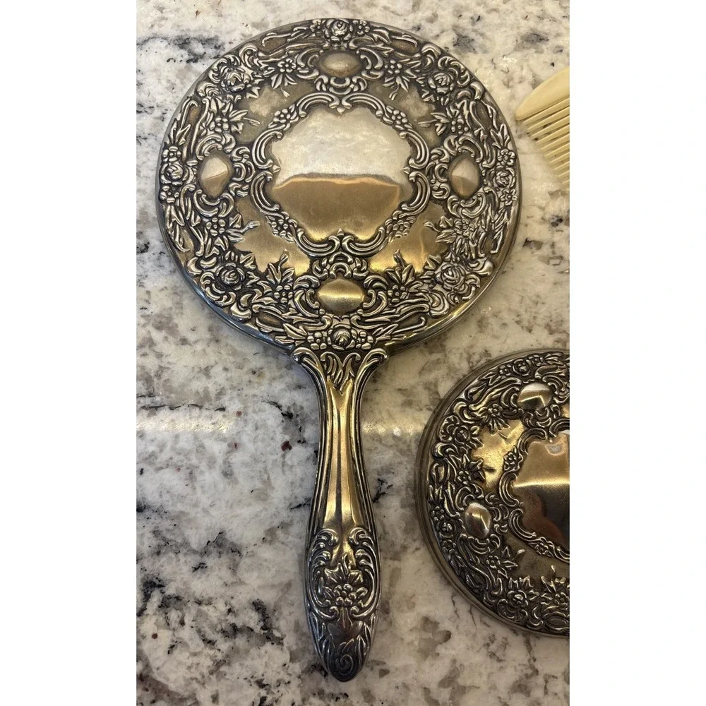 VTG Silver‎ Plate Vanity Mirror Set Hand Mirror Round Mirror Comb Ornate Floral
